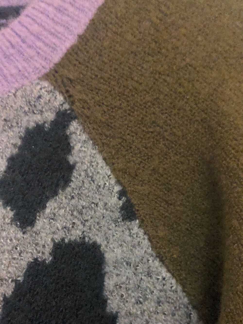 Leopard Print Animal Print Comfy Knit Dress with Olive Sleeves and Lavender Neck - Picture 4 of 5